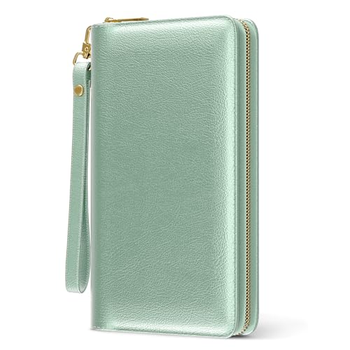 Image of Nipichsha RFID Wristlet Wallet for Women, Large Credit Card Clutch Purse with Zipper & Phone Holder, Leather Card Holder with Wrist Strap, Green