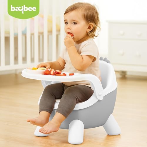 Image of Baybee Booster Chair for Baby with Removable Dining Tray & Cushion | Wide base, Anti-slip design, Portable (Grey)