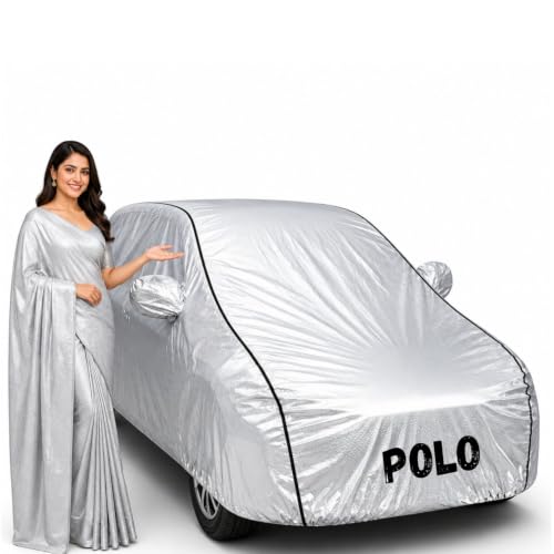 Image of Waterproof Car Body Cover for Polo All Weather Protection Comes with Inner Cotton Lining & Triple Stitched with Mirror & Antenna Pocket Belt & Elastic Fit Metallic Silver with Black Piping1