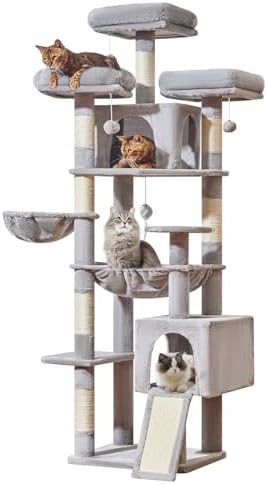 Taoqimiao 193cm Kratzbaum XXL, Großer Katzenbaum Für Große Katzen, MS047W | 3 Große Plattform, Katzenkratztafel, Mehrstöckig, Einfache Montage, 2 Katzenhaus, 7 Kratzsäulen, Hängema