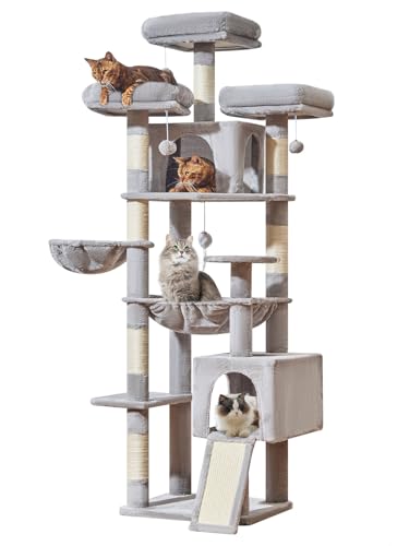 Image of Taoqimiao 76-Inch Cat Tree XXL for Large Cats, Giant Cat Tower with Scratching Board, Extra-Large Metal Hammock, 3 Perches, 7 Sisal Posts, 2 Big Condos, Hanging Basket, Light Gray, MS047W