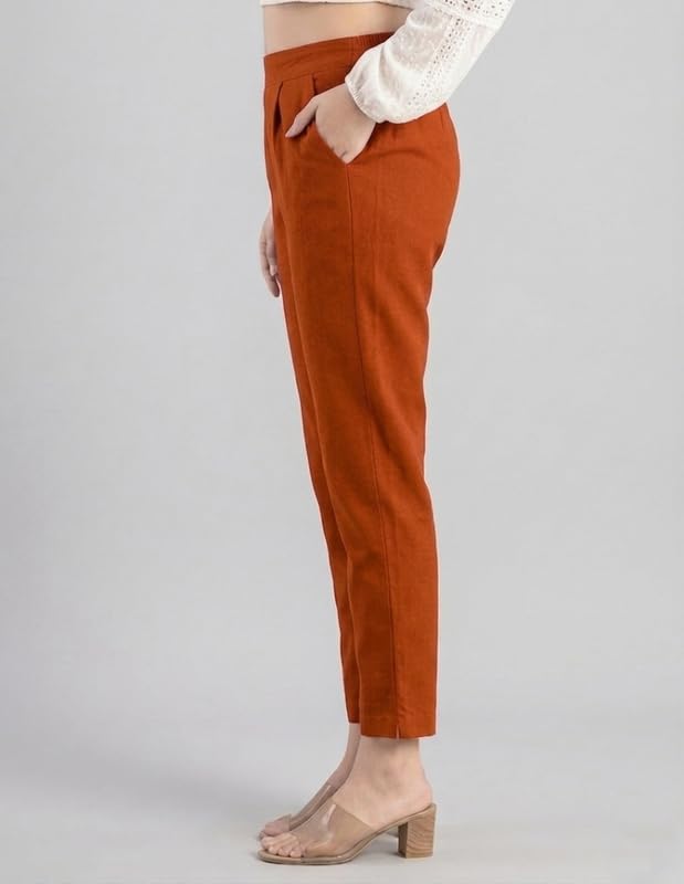 Image of Solid Cotton Woman Trousers Pants Regular Fit Kurti Pant with Drawstring Daily Office Formal Casual Use