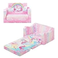 alldomess Comfy Kids Couch, 2-in-1 Folding Kids Sofa Bed for Toddler Girls, Convertible Sofa to Lounger Toddler Couch Chair for Baby Bedroom Playroom Nursery,Unicorn Rainbow