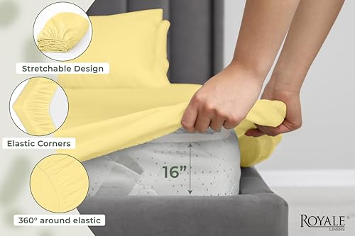 Image of Royale Linens 100% Organic Cotton Queen Fitted Sheet Only - Percale Weave - Super Soft Deep Pocket Bottom Sheets - Yellow Elastic Sheet - Queen Size Fitted Sheets Only - (60 inchx80 inch+15 inch, Yellow)