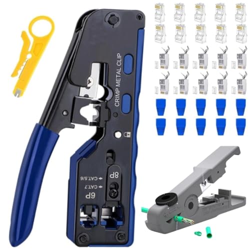 Image of COOLCOLD RJ45 Crimping Tool - All-in-One Pass Through Ethernet Crimper for Cat7 /Cat6 /Cat5E - Includes Universal Stripper, Wire Cutter, 10 Cat7 & 10 Cat6 Connectors, 10 Covers - Multicolor