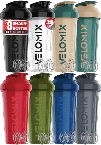 Image of VELOMIX -8 PACK- 28 oz Protein Shaker Bottle for Protein Mixes - 8x Wire Whisk | Leak Proof Shaker Cups for Protein Shakes | Stackable Protein Shaker Bottle Pack | Dishwasher Safe