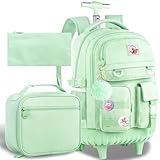 CCJPX Rolling Backpack for Girls Women, 21 inch Roller Wheels School Bookbag, Wheeled Suitcase Backpacks with Lunch Bag for Teen - Green