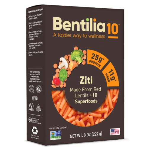 Bentilia10 Ziti Made From Red Lentils + 10 Superfoods Pasta, Plant Based, 8 Ounces (Pack Of 6)