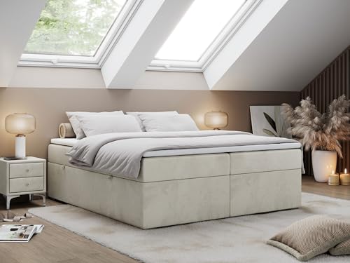 MKS MEBLE Boxspringbett 180x200 ohne Kopfteil mit Bettkasten, Bett 180x200 niedriges Kopfteil, Polsterbett 180x200 ohne Kopfteil - Bess - Beige Velvet - H3