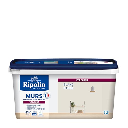 RIPOLIN - Peinture Intérieure Multi-Supports – Murs, Boiseries & Radiateurs – Ultra couvrante - Monocouche - Confort d'application - Aspect Velours - Blanc Casse - 2,5L