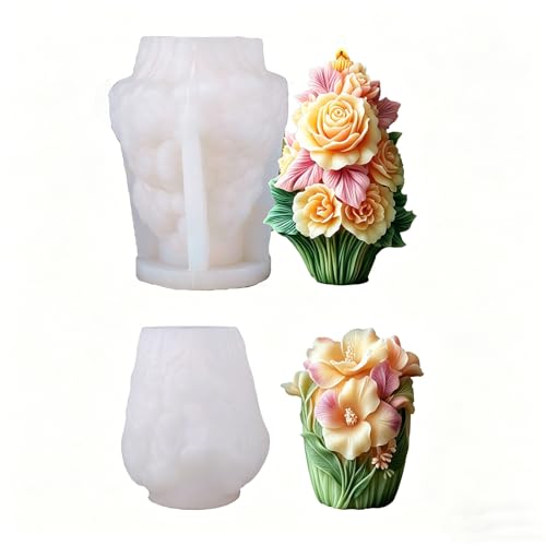 2er Set Blumen Silikon Kerzenformen 3D Bouquet Kerzen Silikonformen mit Rosen&Hibiskus DIY Kerzen...