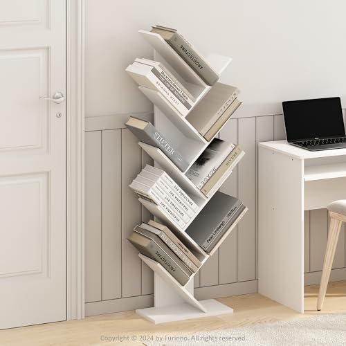 Image of Furinno Tree Book Shelf, 9-Tier Bookshelf, Tree Bookcase for Room Decor, 8.4 x 15.7 x 50.9, for Living Room, Bedroom, Home Office, Plain White