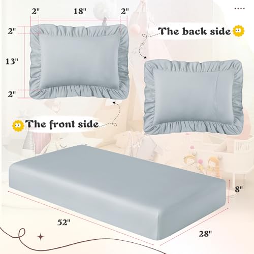 Image of KKJIAF 3 Piece Toddler Sheet Set Microfiber, Includes a Flat Sheet, a Fitted Sheet and a Ruffle Pillowcase, Dusty Blue