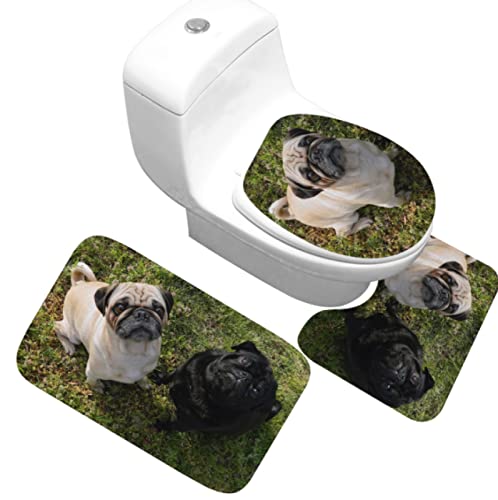 3 Teilig Badematte Set Schwarzer Hund 3 3D Badematten Set rutschfest, Badezimmerteppich,U-förmiger WC-Vorleger,WC…