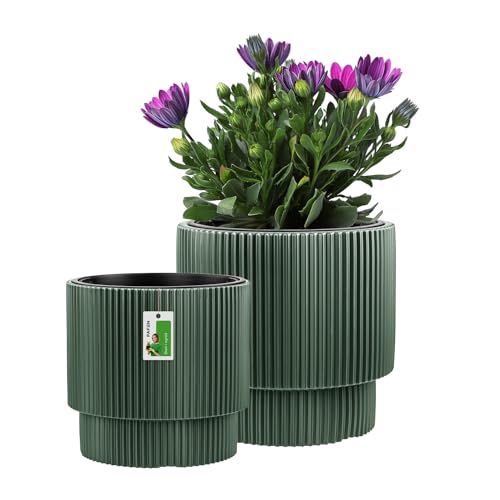 PAFEN Kunststoff Blumentopf Set - 2 Großen: 29,5 cm und 39,5 cm - Elegant Blumenkübel im Doppelpack Übertopf Pflanztopf Pflanzkübel Für Innen Und Balkon Garten Pflanzen | Flaschengrün