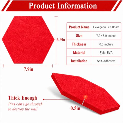 Image of Quiet Canvas Hexagon Pinboard, 1x1 ft, Pack of 8, 50 PushPins, (Red)