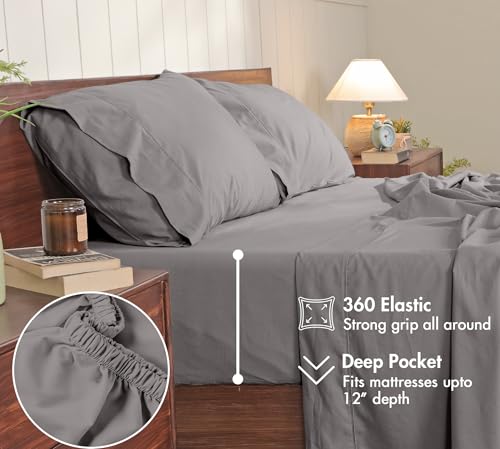 Image of RUVANTI 100% Cotton Percale Sheets California King - Crisp Cooling Summer Bed Sheets for Hot Sleepers, Deep Pocket 12 inch, Soft Peach Finish, Breathable & Durable Hotel-Style 4 Piece Set, Smoky Grey