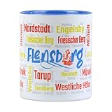 Fördeblau Farbenfroher Flensburger Kaffeebecher mit Flensburg Logo und den Stadtteilen als Geschenkidee | Charmanter Kaffeebecher im Wortwolken Design | Spülmaschinenfest und mirowellengeeignet