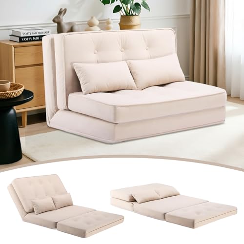 COMHOMA Canapé Convertible Au Sol, 3 en 1, Dossier Réglable sur 6 Niveaux, avec 2 Coussins Lombaires, Adaptable Au Salon, Chambre Et Camping, Beige