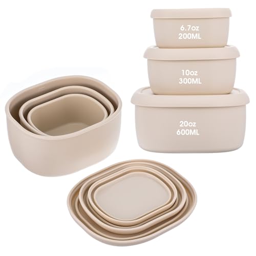 Tolare Set of 3 Silicone Food Storage Containers, Nesting Silicone Food Containers With Lids, Reusable Lunch Box Bento, Dishwasher Microwave Oven Freezer Safe(6.7 Oz, 10 Oz, 20 Oz), Milky White