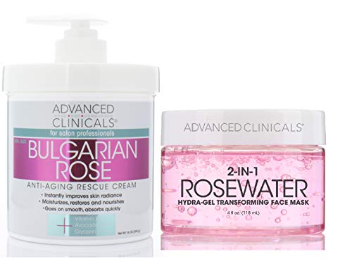 Advanced Clinicals Bulgarian Rose Cream & Rosewater Gel Mask set. Anti-aging skin care set features moisturizing cream w/Bulgarian rose for face and body and Gel mask for wrinkles and fine lines.