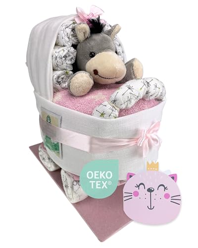 Tarta de pañales ® Cochecito con peluche, juguete de peluche, regalo para nacimiento, baby shower, fiesta de bienvenida (rosa)