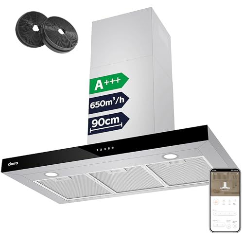 CIARRA CBCS9102 A+++ Dunstabzugshaube 90cm Umluft 650m³/h mit CBCF003 Aktivkohlefilter Touch-Bedienung 4 Stufen Inkl. Booster Wandmontage Abluft Abzugshaube Wandhaube Edelstahl Silber