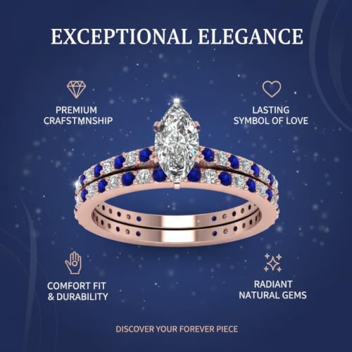 Image of 55Carat Choose Your Gemstone Marquise Shape 14k Rose Gold Plated Classic Delicate Diamond CZ Handmade Fashion Jewelry Party Wear Daily Wear Ornament Gifts for Wife Wedding Ring Sets : US Size 4 to 12