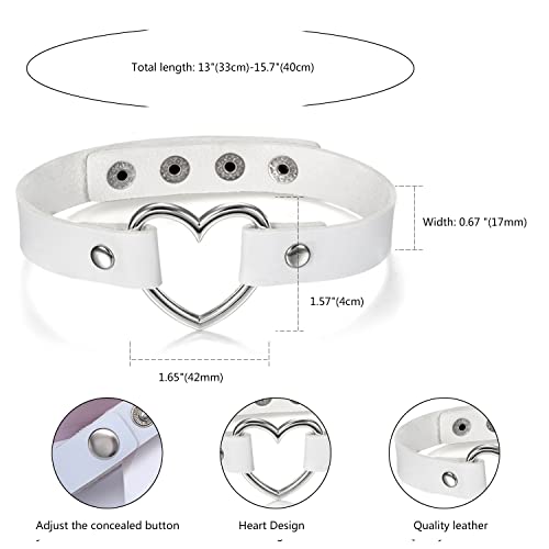 Flongo Choker Leder Halsband Lederhalsband Damen, Leder Halskette Halsband Anhänger Choker Tattoo Kette Weiß Silber Herz Einstellbar Verstellbar Gothic Punk Rock Damen