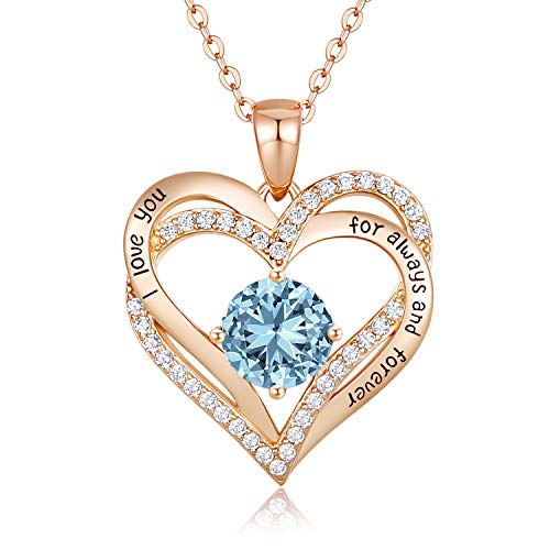 CDE Forever Love Coeur Collier 925 En Argent Sterling Plaqué Or Rose Pierre de Naissance Pendentif Colliers pour Femmes avec 5A Zircon Cubique Bijoux Cadeau D'anniversaire (Rose Gold-Mar.)