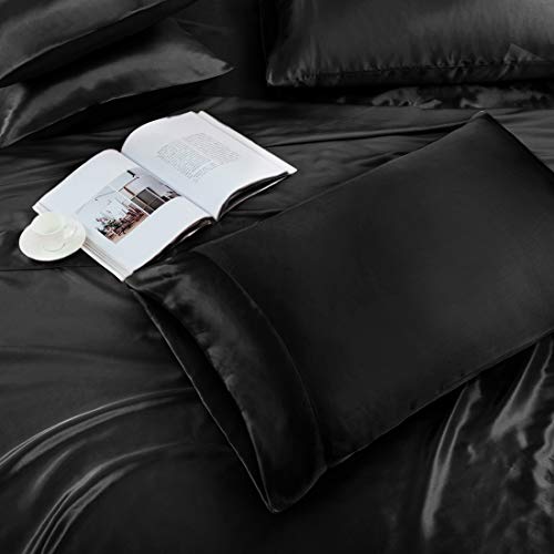 Treely 6 Piece Satin Sheets Queen Size Silky Smooth Black Satin Sheet Set With Deep Pocket, Satin Fitted Sheet, Flat Sheet, 4 Satin Pillowcase #TOP2