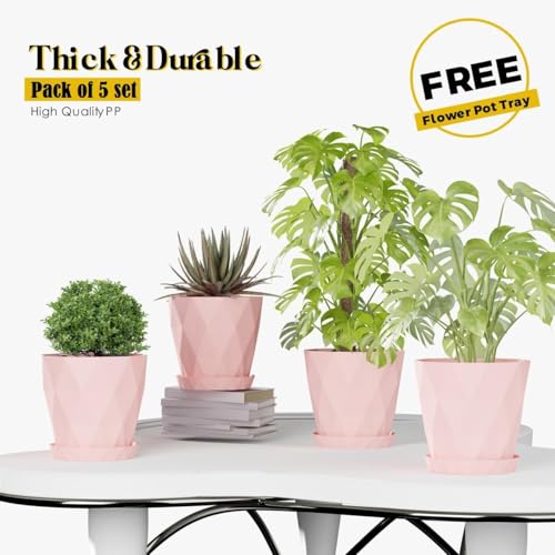 Image of OCRETA Set of 5 | 6.5 Inch Flower Pots for Home & Garden Decoration, Big Plastic Pots for Indoor & Outdoor Plants (Blushing Pink)