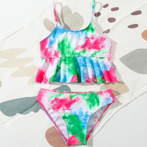 Girls 2 Piece Swimsuits Bikini Set – Tie Dye Tankini with Spaghetti Strap & Ruffle Beach Sport Swimwear Bathing Suit3