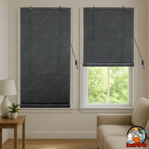 Image of HIPPO Bamboo Curtains - W-3 FT X H-5 FT Rope Mechanism Roll Up Down Indoor Bamboo Shade for Sun & Dust Protection for Home Window, Balcony, Restaurant, Hotel, Resort (Grey)