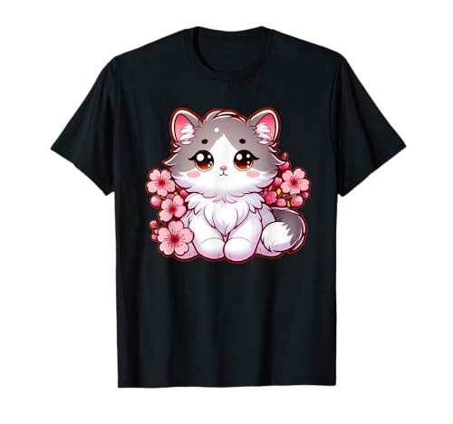 Chat mignon avec fleurs de cerisier dessin animé dessin animé T-Shirt