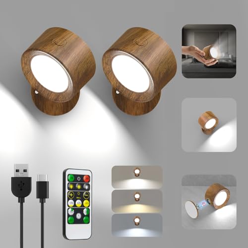 Image of Racokky LED Wall Lights 2 Pcs with Remote, Wall Sconces Lighting 3000mAh Rechargeable Battery Operated, 3 Color Temperatures & Dimmable Magnetic 360 Rotation Cordless Lamp for Bedroom Hallway