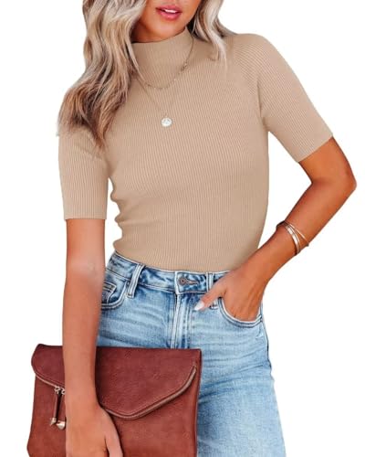 Lacozy Women Casual Short Sleeve Shirt Basic Mock Neck Top Slim Fit Ribbed Knit Pullover Sweater