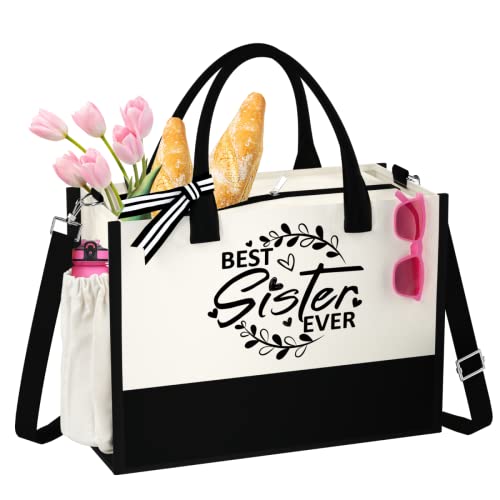 QLOVEA Sister Birthday Gifts from Sister, Best Sister Ever Canvas Beach Tote Bag for Women Zipper Closure, Christmas Wedding Retirement Gifts for Sister, Sister in Law from Sister Brother