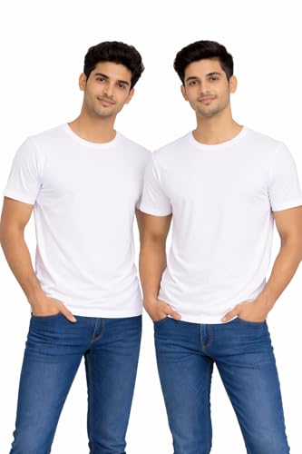 Image of Hangout Hub Men's Polyester T Shirts | Regular Fit Tees for Gym| Sports | Workouts | Round Neck | Half Sleeves | White Color | Solid | Dry fit Tshirts