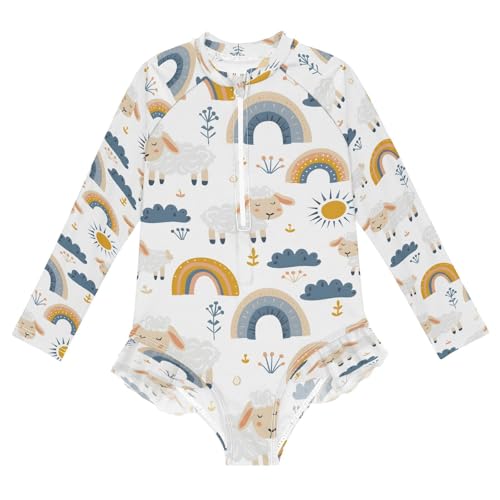 Cute Sheep on Rainbow Girls Long Sleeve Swimsuits One Piece Zipper Bathing Suit UPF 50+ Rashguard Swimwear