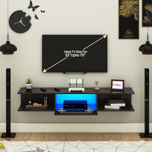 Image of Anikaa Vetra Wall Mount Modern Floating TV Unit for Living Room with Open Shelf Storage Cabinet & Middle Cabinet Blue LED Light (Ideal for 32 to 65 inch TV, DIY Installation, Wenge Finish)