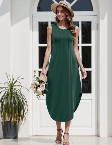 Image of Zeagoo Women Floral Summer Casual Beach Printed Tank Dress with Pockets Pleated Front Long Dress