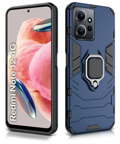 Image of WOW IMAGINE Shock Proof Back Case Mobile Cover for Xiaomi Redmi Note 12 4G | Back Cover Case (Tough Armor | Hybrid PC + TPU | Ring Holder & in-Built Kickstand | Blue)