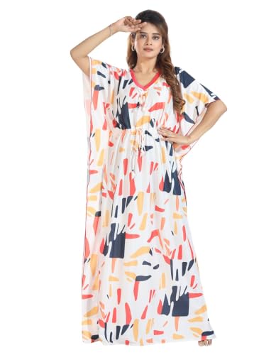 Image of Women's- Kaftan /Nighty /Maxi /Gown /Nightdress /Nightwear Serena Fabric- V-Neck Floral Print