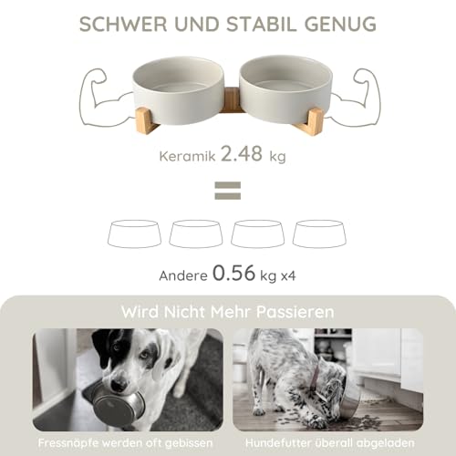 SPUNKYJUNKY Hundenapf Keramik Doppel Hund Futternapf mit Bambus Ständer für Große Hunde (1250ml, Grau)