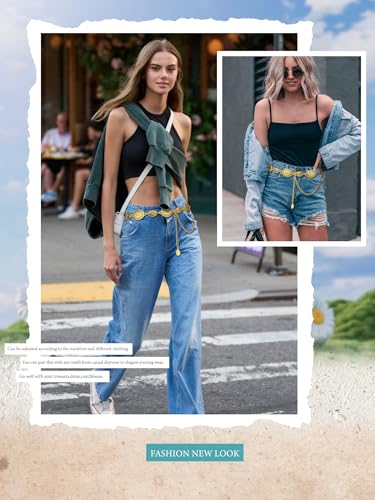 Image of FIORETTO Western Waist Chain Belt Metal Concho Belt for Women Cowgirl Cowboy Boho Country Belt for Dress Jean