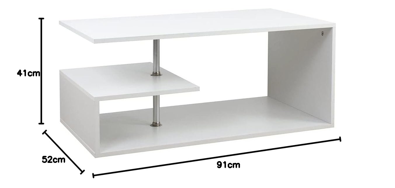 BAKAJI Mesita de salón Blanca para Sala de Estar, café, para Ordenador, Mesa de salón Lateral, sofá con Doble Estante y Estructura de Madera, diseño Moderno, 41 x 91 x 52,6 cm, decoración para el