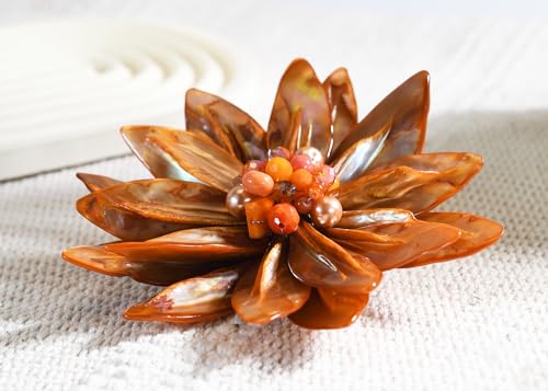 Image of AeraVida Water Lily Mother of Pearl Brooch Pin | Green, Tan Brown, Red, Orange and Rainbow Floral Statement Jewelry for Women | Clothes Accessories | Brooch Dress | Large Brooches
