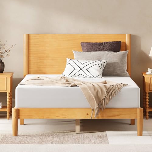 Image of AMERLIFE Solid Wood Full Size Bed Frame, Mid Century Modern Platform Bed with Full Panel Headboard, Noise-Free & Cylindrical Legs, No Box Spring Needed, Under-Bed Storage, Natural Wood