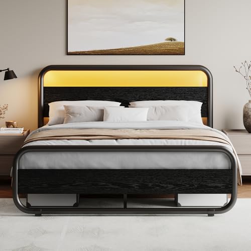 Image of Full Size Bed Frame, Wood Headboard and Footboard, LED Lights, Black | Metal Platform with Heavy Duty Metal Slats Support /12 in Under-Bed Storage /Noise-Free /No Box Spring Needed /Easy Assembly